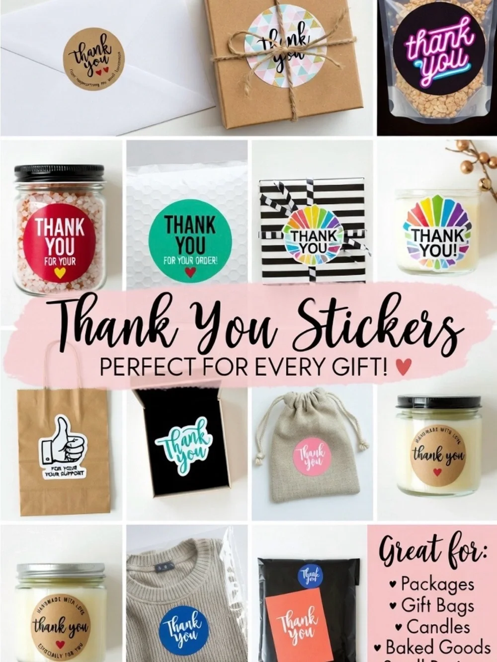 Round 'Thank You' Floral Sticker - 1”Round Black & White Stripes with Pink Roses